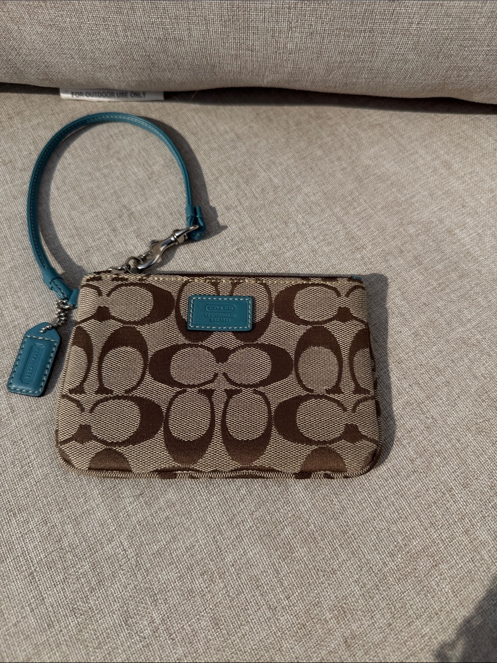 Coach Brown Signature Canvas Wristlet with Teal Trim